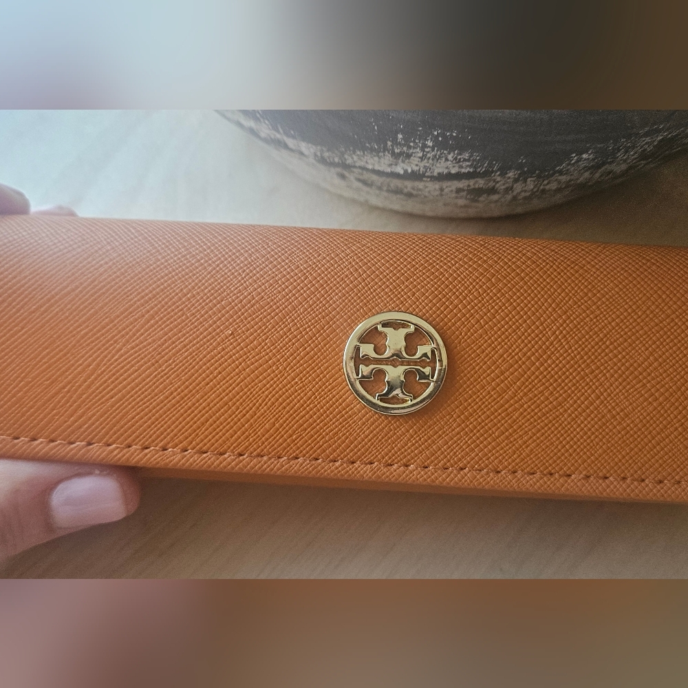 Tory Burch Orange Glasses Case with Gold Medallion